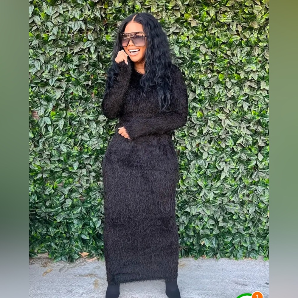 Long sleeve fuzzy black dress